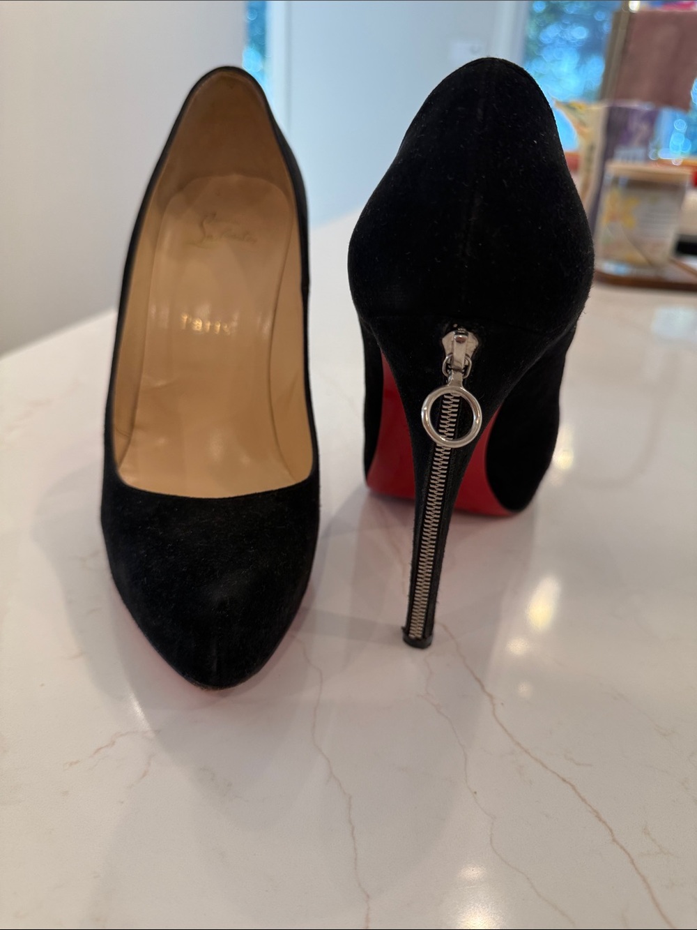 Christian Louboutin Black Suede Pointed-Toe Stiletto with Zip-Heel